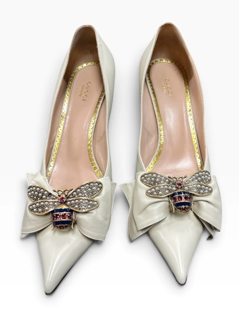 Gucci Queen Margaret Bee Bow Pumps Size 42 Ivory Leather Pearl Bridal Wedding
